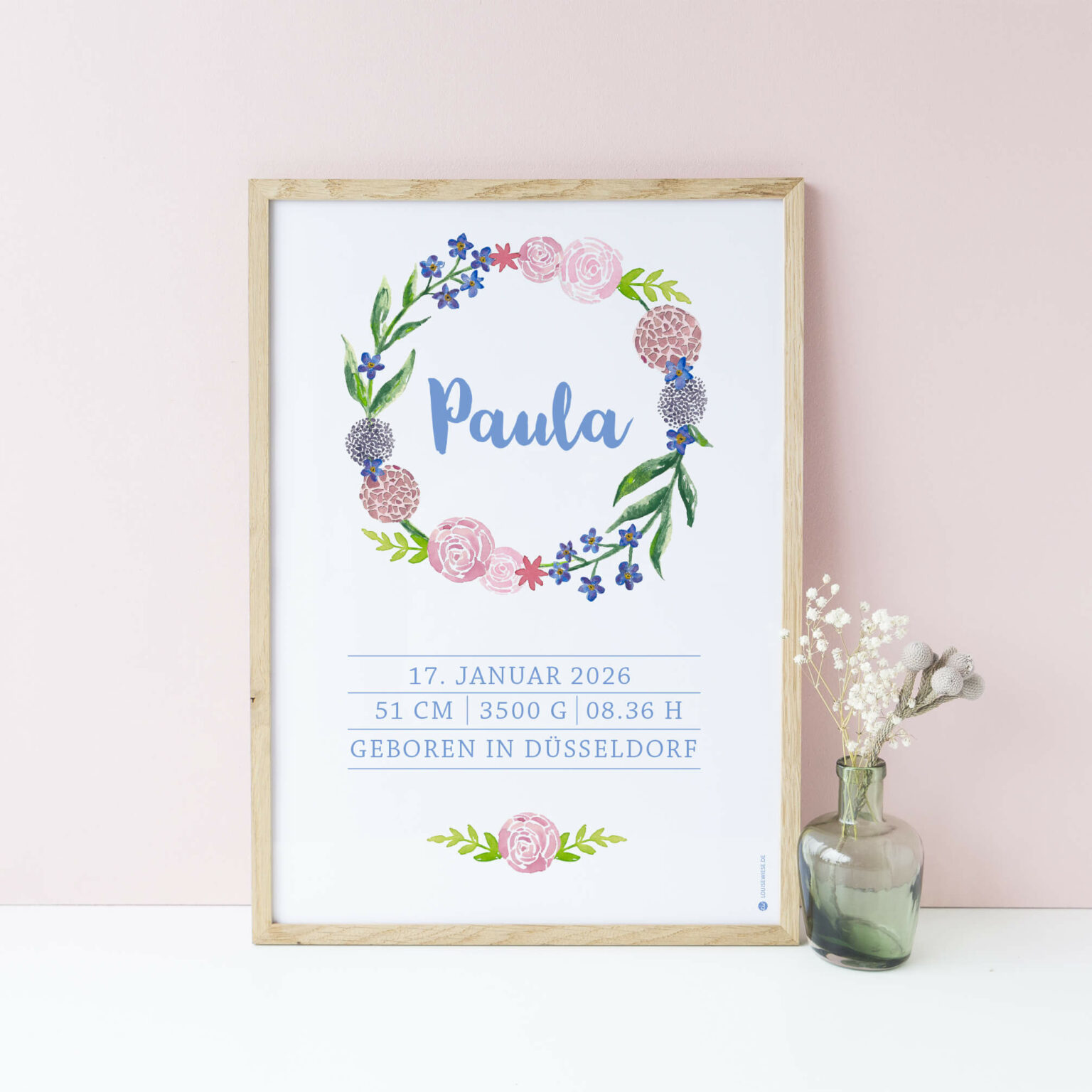 Personalisiertes Geburtsdaten Poster mit Namen und Geburtsdaten zur Geburt im floralen Design