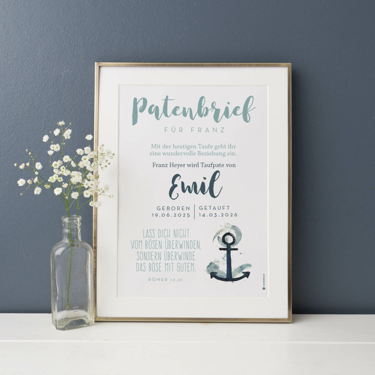 Personalisierter Patenbrief zur Taufe mit maritimem Design als Poster