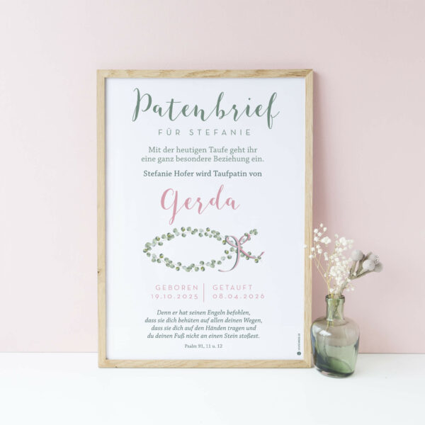Personalisierter Patenbrief zur Taufe mit Eukalyptus-Fisch als Poster