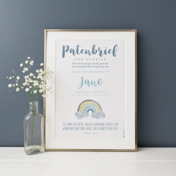 Personalisierter Patenbrief zur Taufe mit blauem Regenbogen als Poster. Persönliches Geschenk zur Taufe.