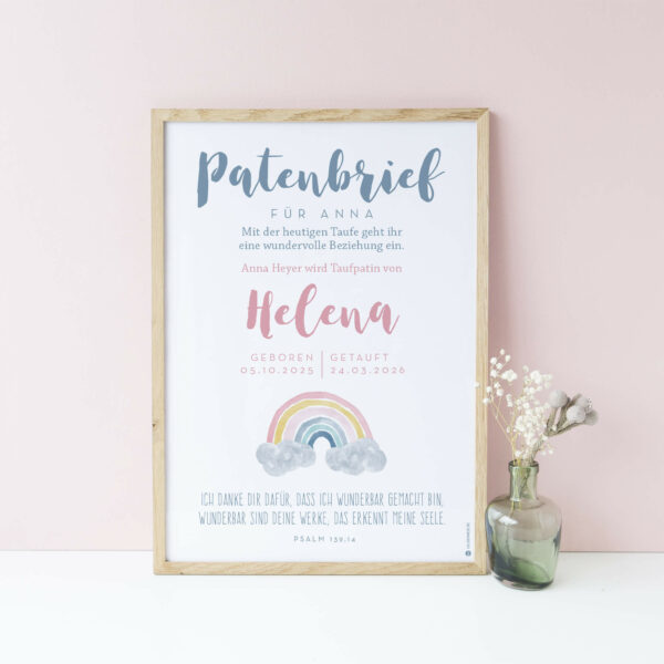 Personalisierter Patenbrief zur Taufe mit rosa Regenbogen als Poster