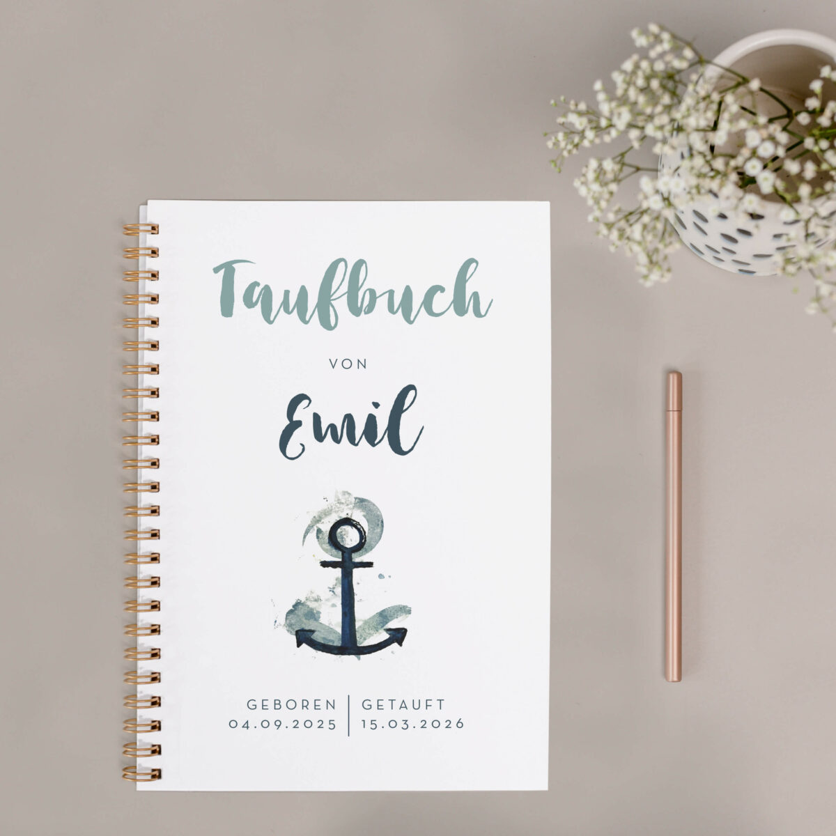 Personalisiertes Buch zur Taufe mit blauem Anker