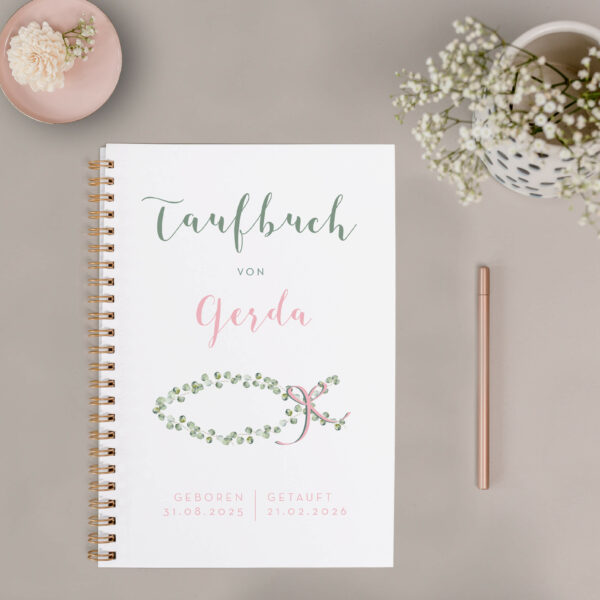 Personalisiertes Buch zur Taufe mit Eukalyptus-Fisch