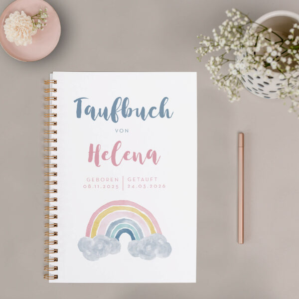 Personalisiertes Buch zur Taufe mit rosa Regenbogen