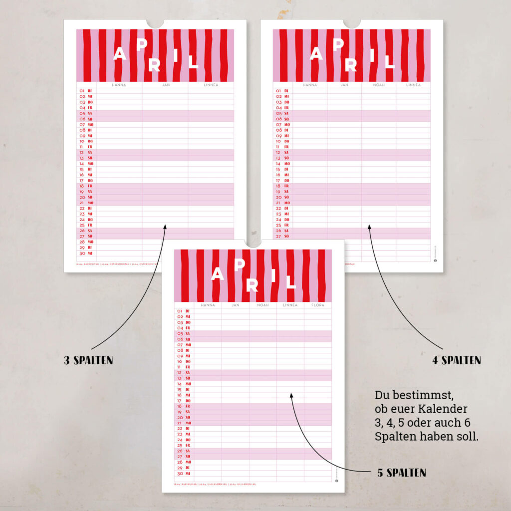 Familienkalender 2026 personalisiert , Wandkalender A4/A3 mit Namen, 1–6 Spalten - Image 2