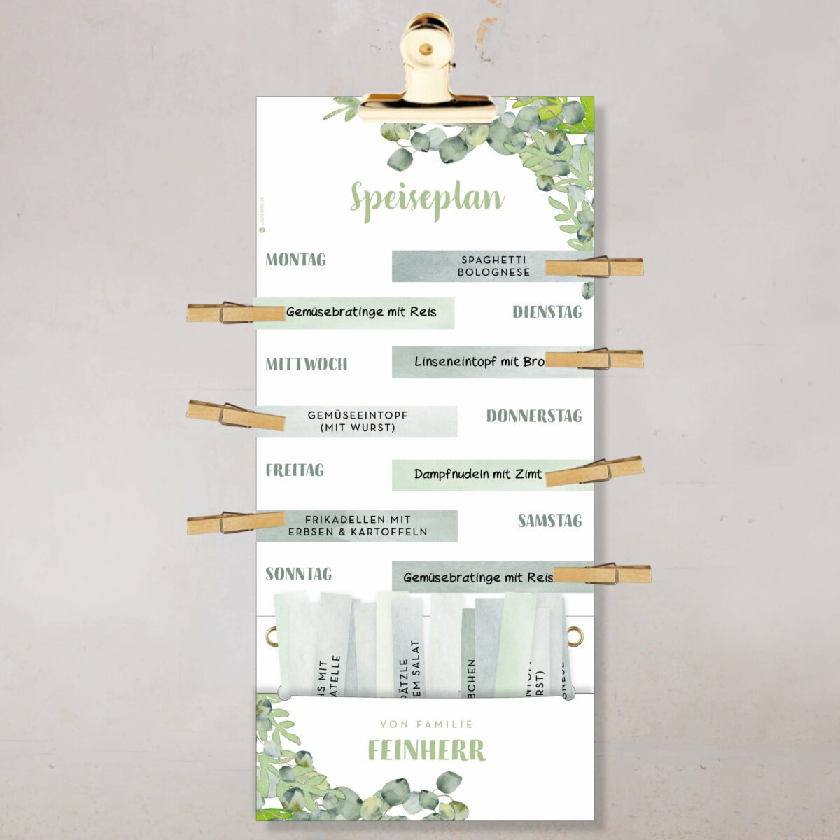 Speiseplan – Personalisierter Wochenplaner für Familien – Essensplan mit Kärtchen & Klammern