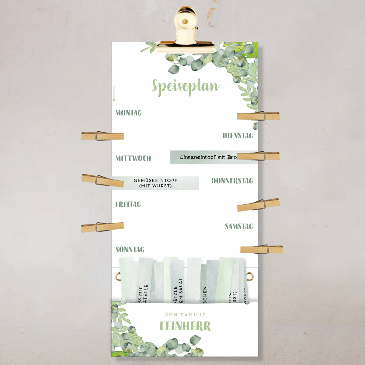 Speiseplan – Personalisierter Wochenplaner für Familien – Essensplan mit Kärtchen & Klammern - Image 2