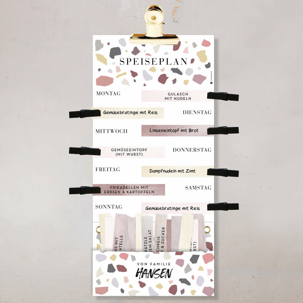 Speiseplan – Personalisierter Wochenplaner für Familien – Essensplan mit Kärtchen & Klammern