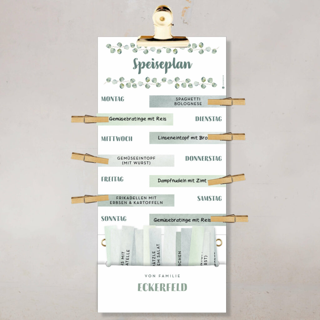 Speiseplan – Personalisierter Wochenplaner für Familien – Essensplan mit Kärtchen & Klammern
