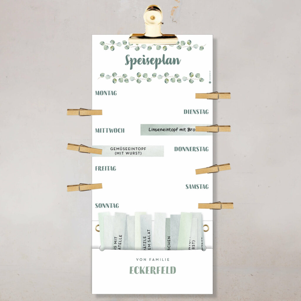 Speiseplan – Personalisierter Wochenplaner für Familien – Essensplan mit Kärtchen & Klammern - Image 2