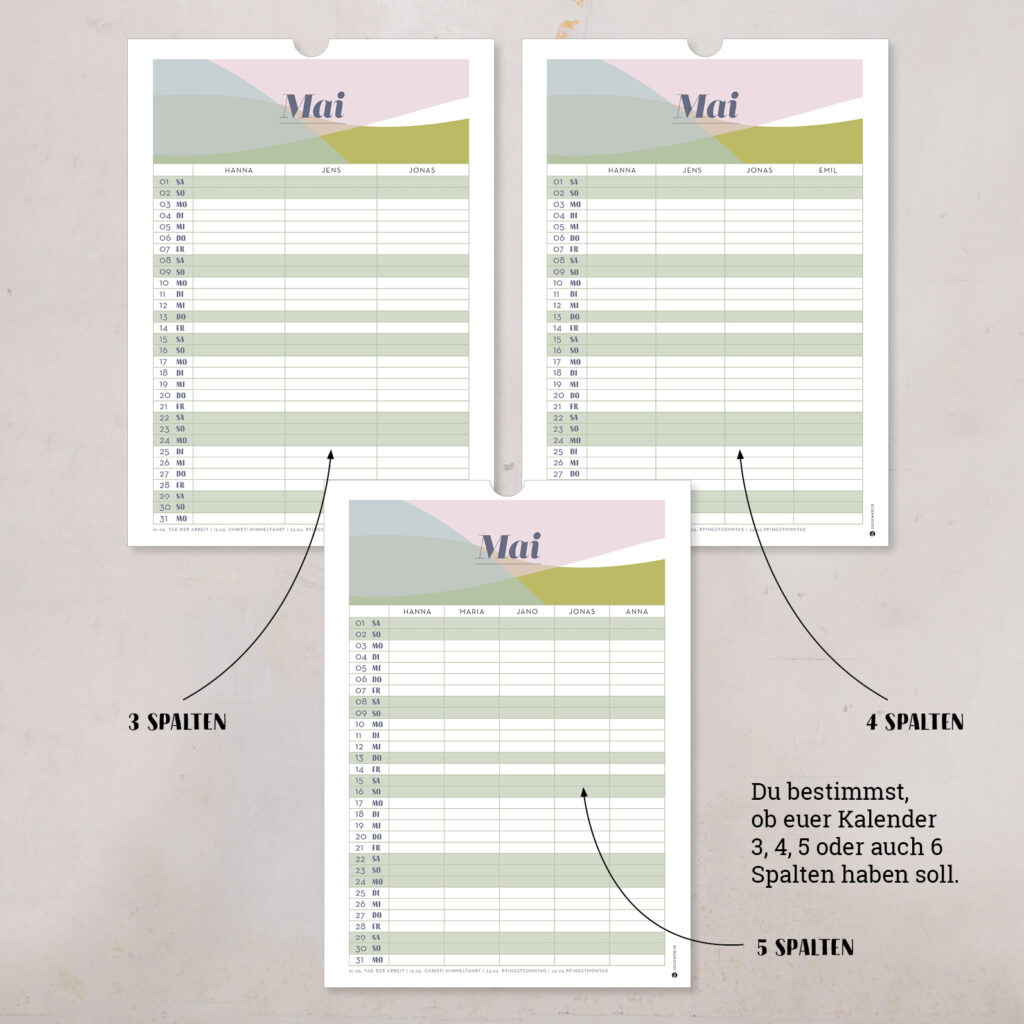 Familienkalender 2026 personalisiert , Wandkalender A4/A3 mit Namen, 1–6 Spalten - Image 2
