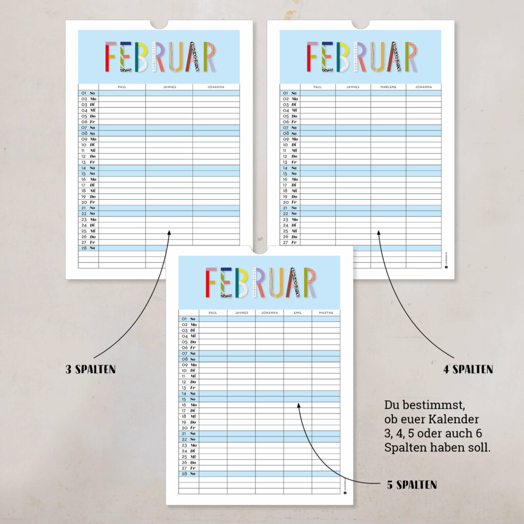 Familienkalender 2026 personalisiert , Wandkalender A4/A3 mit Namen, 1–6 Spalten - Image 2