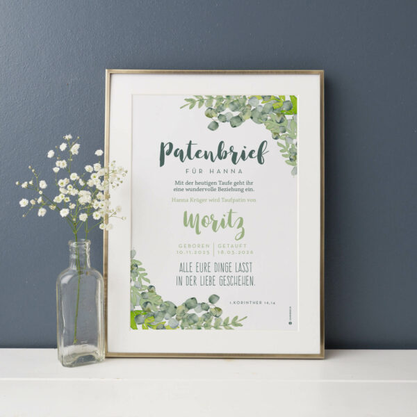 Personalisierter Patenbrief zur Taufe mit Eukalyptus-Blättern als Poster