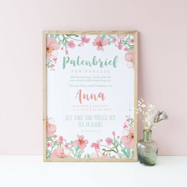 Personalisierter Patenbrief zur Taufe mit Pastell-Blumen als Poster