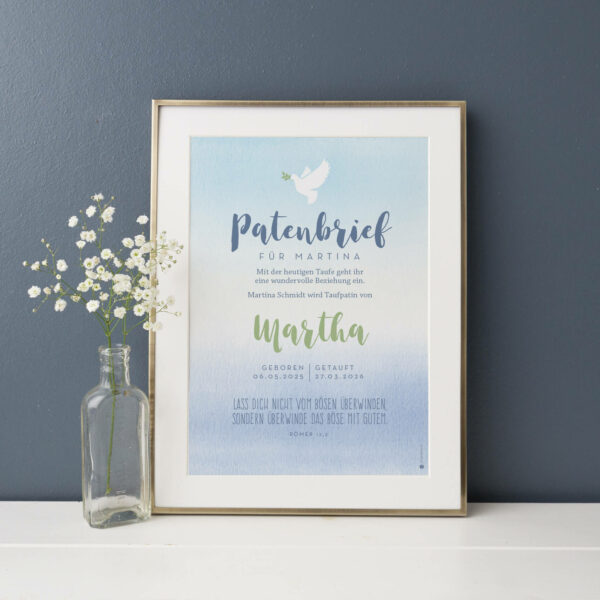 Personalisierter Patenbrief zur Taufe mit Farbverlauf in Aquarell als Poster
