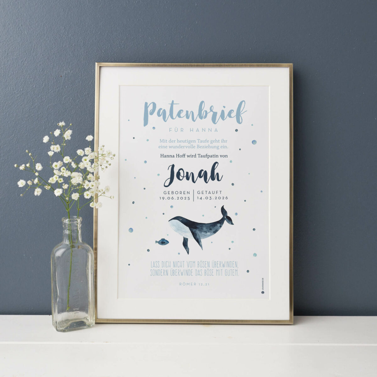 Personalisierter Patenbrief zur Taufe mit einem Walmotiv in blau als Poster. Individuelles Geschenk zur Taufe für die Paten und das Taufkind. Eine emotionale Erinnerung und ein schönes Versprechen.