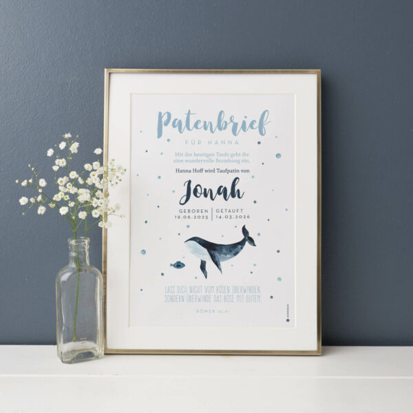 Personalisierter Patenbrief zur Taufe mit einem Walmotiv in blau als Poster. Individuelles Geschenk zur Taufe für die Paten und das Taufkind. Eine emotionale Erinnerung und ein schönes Versprechen.