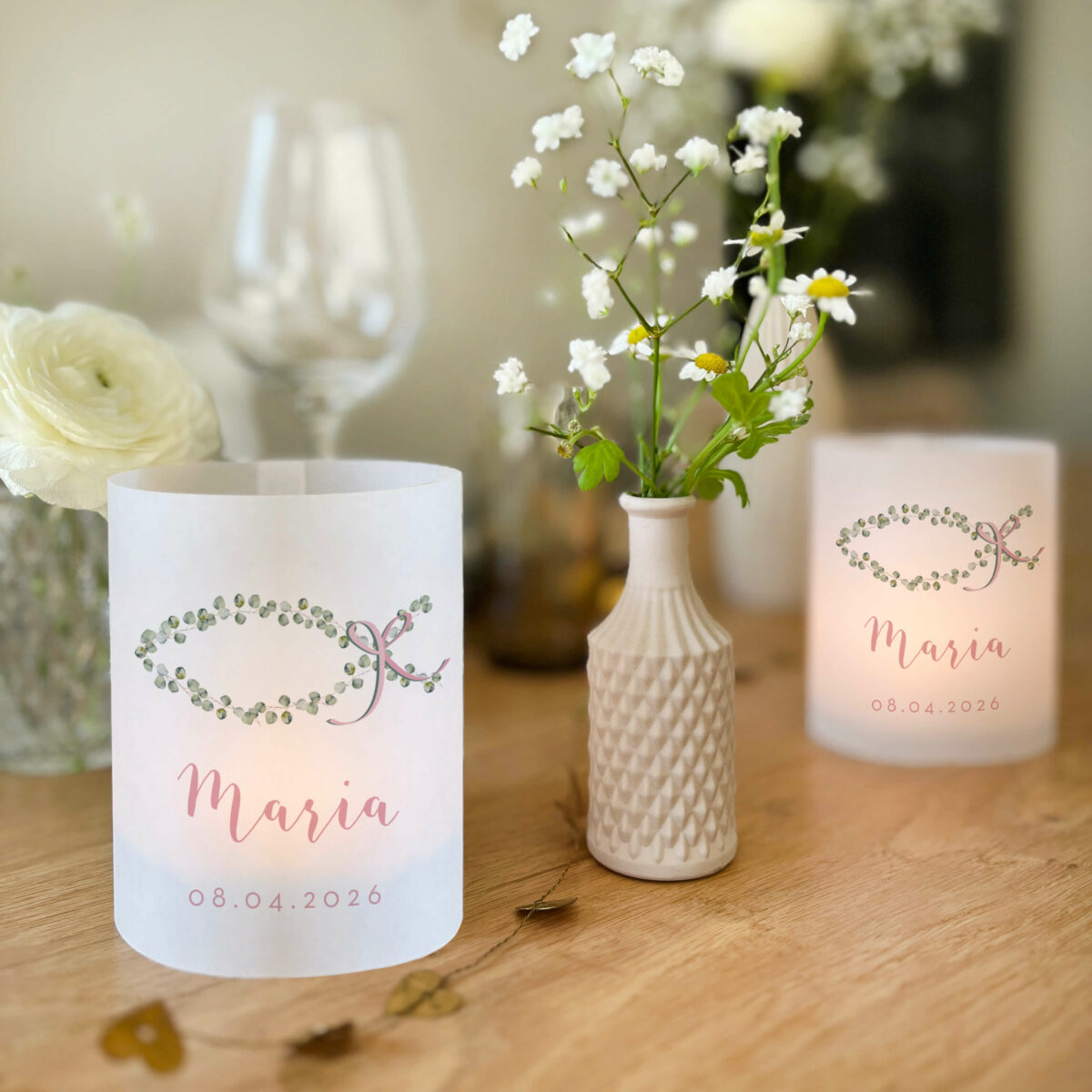 Windlichthülle personalisiert mit Name & Datum – Hülle für Teelicht – Tischdeko Taufe, Kommunion, Konfirmation - Image 3